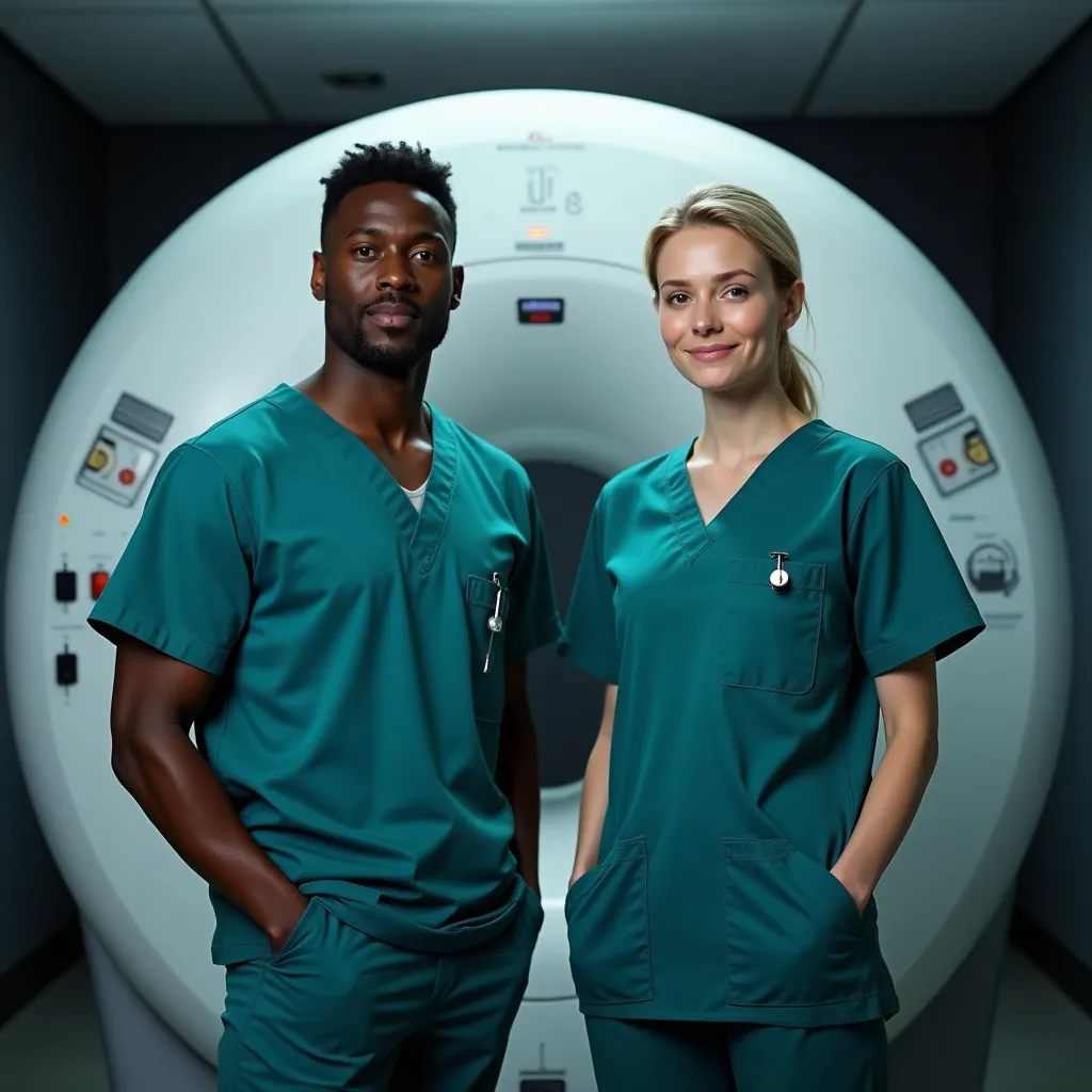 Male and female radiology technologists in teal scrubs standing in front of an MRI machine